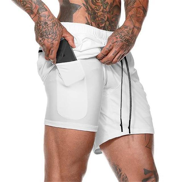 Men's Quick-Drying Gym Shorts  Fitness Running Shorts with Cell Phone Pocket - white 