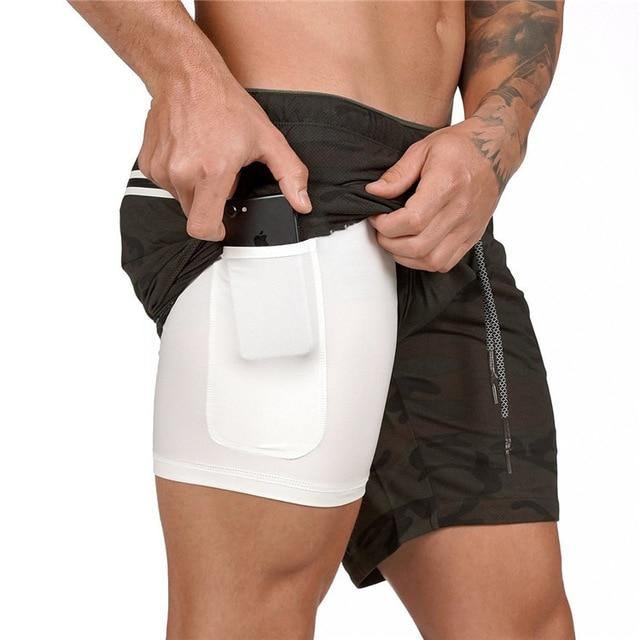 Men's Quick-Drying Gym Shorts  Fitness Running Shorts with Cell Phone Pocket - white