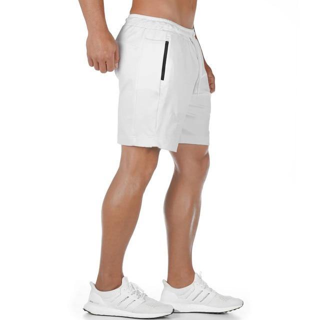 Mens Gym Fitness Multi-pocket for cell phone Sports Jogging Training Short Pants - White 